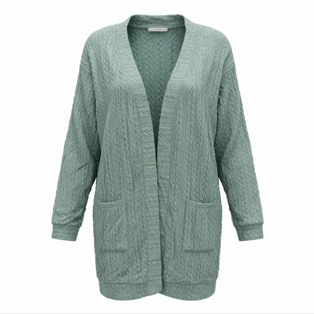 JULYCLO Women's Green Cable Knit Cardigan Sweater W Pockets - NIP